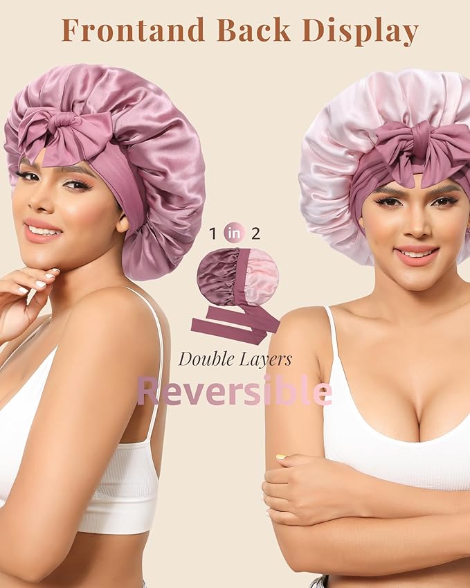 AWAYTR Silk Bonnet for Sleeping Women 100% Mulberry Silk Bonnet with Band 2 Layer Reversible Hair Bonnet Sleeping Hair Wrap (Silk, Dust rose/Pink)