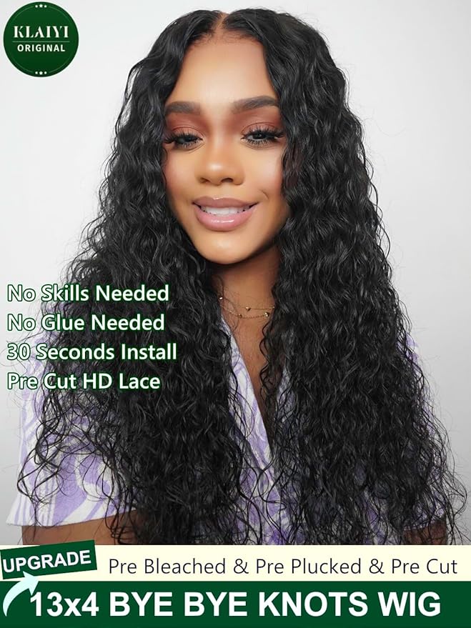 KLAIYI Water Wave Pre Everything Glueless 13x4 Lace Front Wigs Human Hair Precut Lace Pre Plucked Pre Bleached Bye Bye Knots Curly Wear and Go Beginners Wig with Drawstring 30S Ready to Wear 22Inch