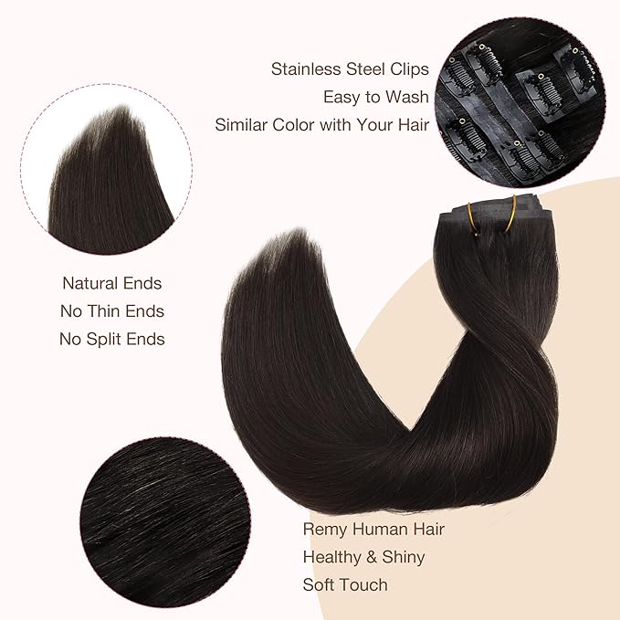 GOO GOO Clip in Hair Extensions Real Human Hair, Remy Human Hair Extensions Clip ins for Women, Natural Human Hair, 24inch 120g 7Pcs, 2 Dark Brown