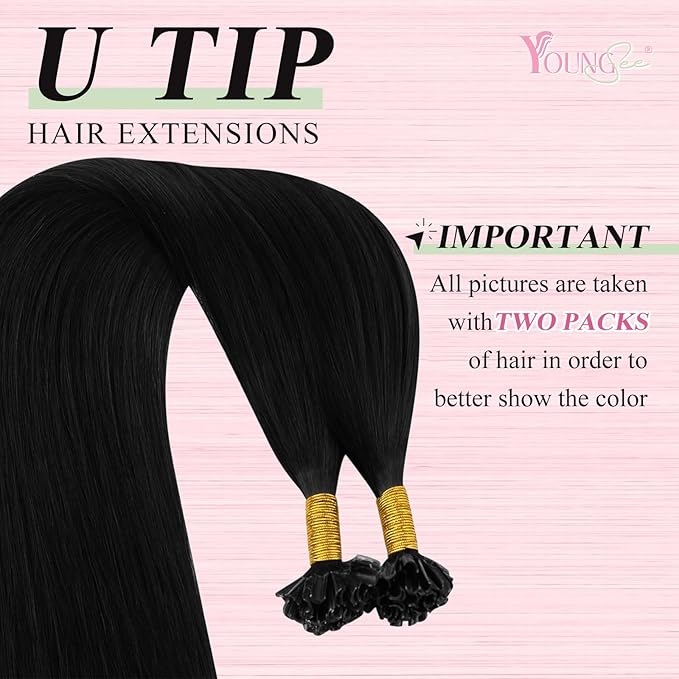 YoungSee U Tip Hair Extensions Black 20 Inch Utip Hair Extensions Human Hair Ktip Hair Extension Real Human Hair Pre Bonded Hair Extension Fusion U Tip Straight Hair 50grams 50s for Everyday Wear