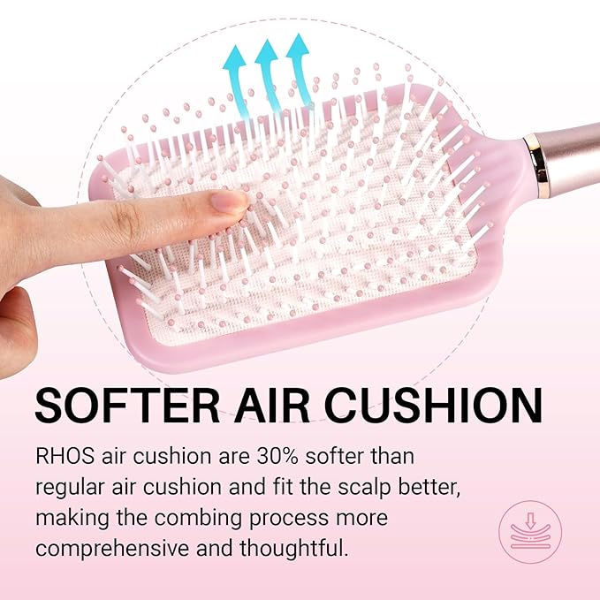 RHOS Paddle Brush for Women & Men - Detangler for Thick, Curly, Long, Wet & Dry Hair - Nylon Bristles Square Cushion Brush for Smoothing and Detangling (1 Pack - Pink)