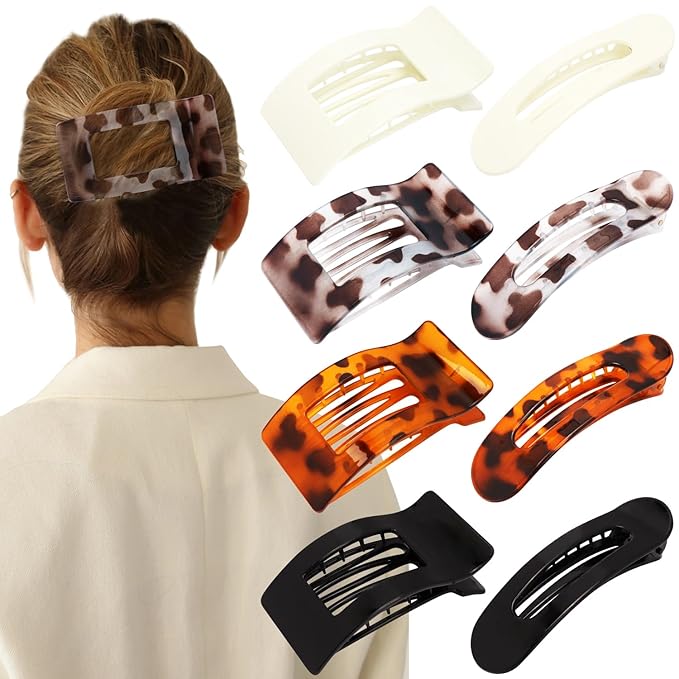 Velscrun Flat Hair Clips for Women Girls, 2 Styles 8 Pcs Lay Flat Claw Clips, Strong Hold French Duck Billed Large Side Hair Jaw Clip for All Hair Types, Fashion Trendy Hair Accessories Tortoise