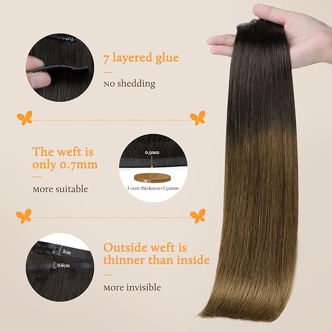 DOORES Real Human Hair Extensions, Chocolate Dip Color Melt 110g 7pcs 14 Inch, Seamless Clip In Hair Extensions Straight Invisi Edge