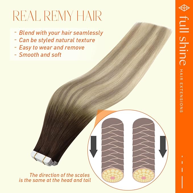 Full Shine Human Hair Tape in Extensions Tape ins 20INCH 50G 40PCS Color 2 Dark Brown to 18 Ash Blonde and 60 Blonde Straight Hair Extensions Seamless Natural Remy Hair Double Sided for Daily Wear