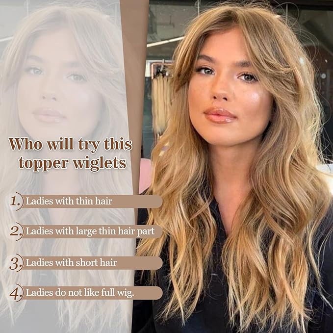 MORICHY Hair Toppers for Women with Thinning Hair 20inch Long Wavy Hair pieces for Women Synthetic Wiglets Topper with Bangs Clip in Light brown with Blonde Highlights