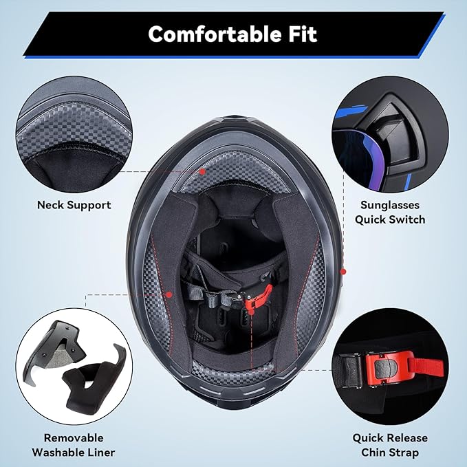 Full Face Motorcycle Helmets for Adult Men Women, DOT Approved Street Bike Racing Helmet Dual Visor Quick Release Buckle, Motorbike ADV Moped Helmet with Extra Clear Visor
