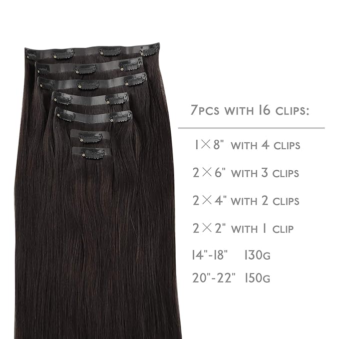 WENNALIFE Seamless Clip In Hair Extensions, 22 Inch 150g 7pcs Dark Brown Hair Extensions Clip in Human Hair Invisible PU Skin Weft Natural Remy Human Hair Extensions
