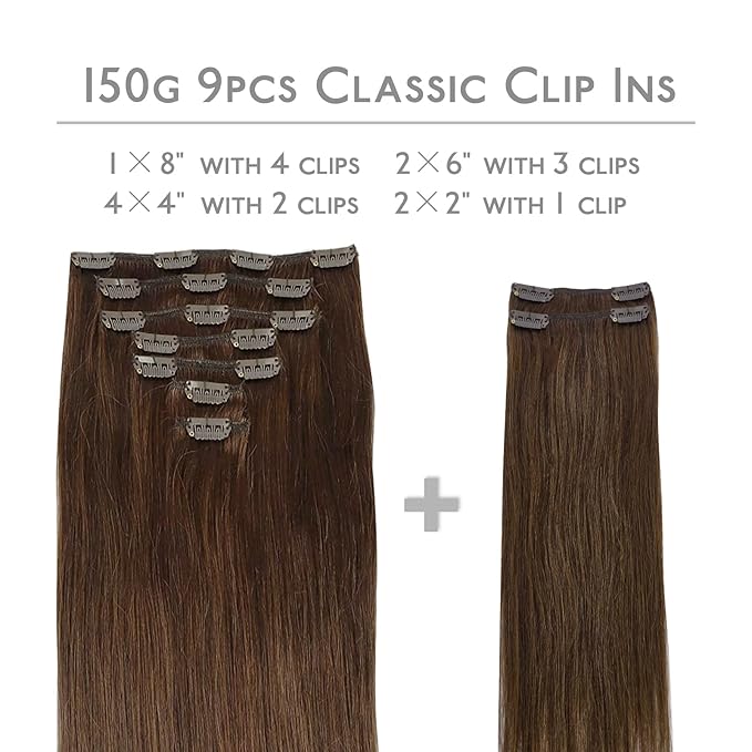 WENNALIFE Clip in Hair Extensions, 150g 22 Inch 9pcs Chocolate Brown Human Hair Extensions Thicker Clip in Hair Extensions Real Human Hair Clip Set Double Weft