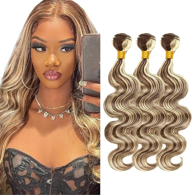 Highlight Bundles Human Hair Blonde Body Wave Bundle Niegmeag Brazilian Virgin Remy Hair 3 Bundles 18 20 22 Inch 2 Tone Blonde and Brown Body Wave Bundle 300g
