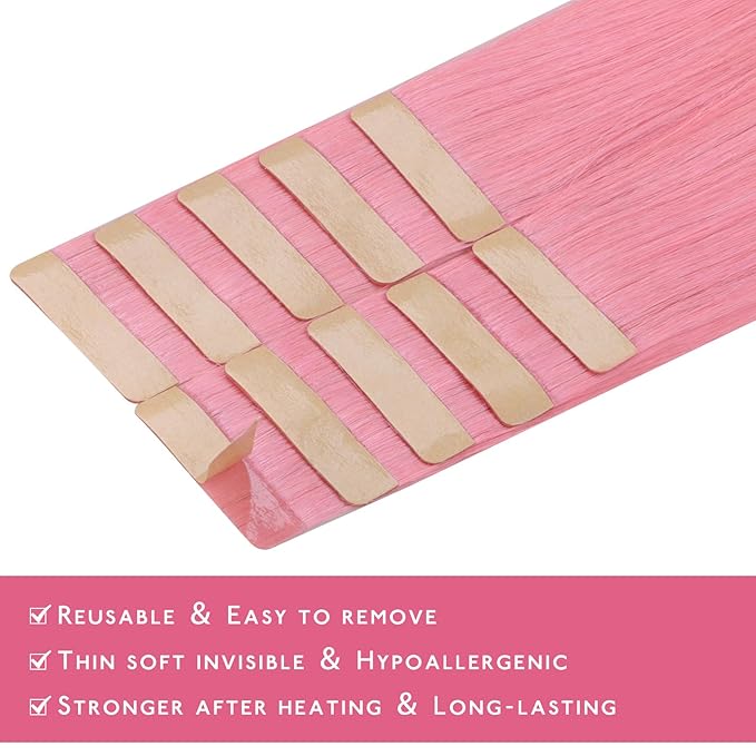 WENNALIFE Tape in Hair Extensions, Human Hair Peach Pink, 10pcs 20g 10 inch Remy Invisible Tape, Straight Colored Soft Real Human Hair Refill Set