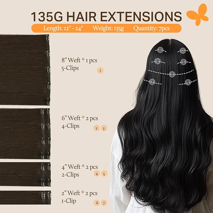 DOORES Human Hair Extensions Clip in, Dark Brown 135g 7pcs 16 Inch, Thick Real Human Hair Extensions Clip ins Remy Natural Straight
