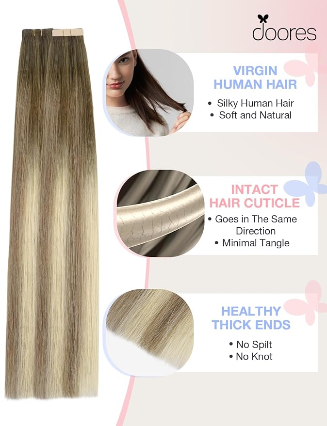 DOORES Invisi Edge Hair Extensions Tape in, Walnut Brown to Ash Brown and Bleach Blonde 10 Injection Tape-ins with 10 Classic Tape-ins 50g 18 Inch, Injected Tape in Extensions Straight