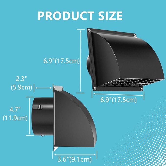5 Inch Dryer Wall Vent Cover, HG Power Metal Wall Vent Cap Outside with Removable Screen & Cushioned Non-Return Flap for Home Wall, Air Condition, Range Hoods, Kitchen (Black)