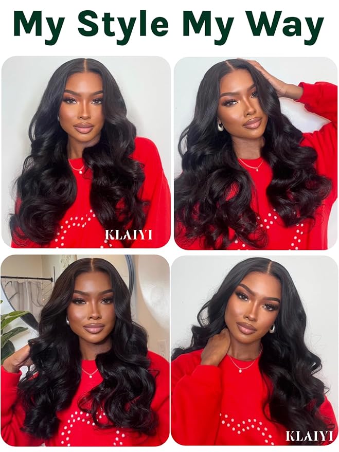 KLAIYI EasiContour V Part Wig Human Hair Body Wave Glueless Upgrade U Part Wig No Leave Out No Gel Clip in Half Wig V Shape Pull and Go Beginner Friendly Ready to Wear Natural Black Color 150% 14Inch