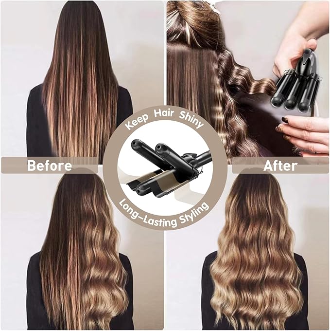 Hair Crimper 1 Inch, 3 Barrel Beach Wave Curling Iron, Foldable 25mm 3 Barrel Hair Waver, Adjustable 4 Temperature Settings Heat Up Quickly Hair Curler Curling Wand with LCD Temperature Display