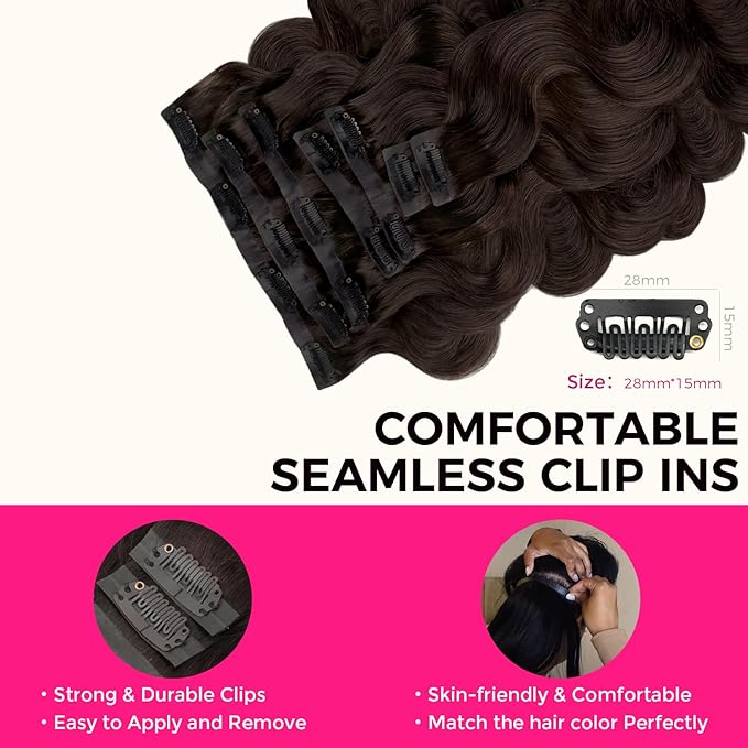 Lashey Seamless Clip in Hair Extensions Human Hair #2 Dark Brown Body Wave Clip in, Real Human Hair 7pcs 110g 24 Inch PU Weft Natural for Women