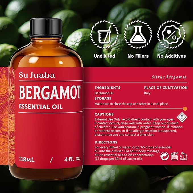 SU JUABA Bergamot Essential Oil 4 Fl Oz, 100% Pure Natural for Refreshes Uplifts, Skin, Hair,Diffuser, Aromatherapy -118ml