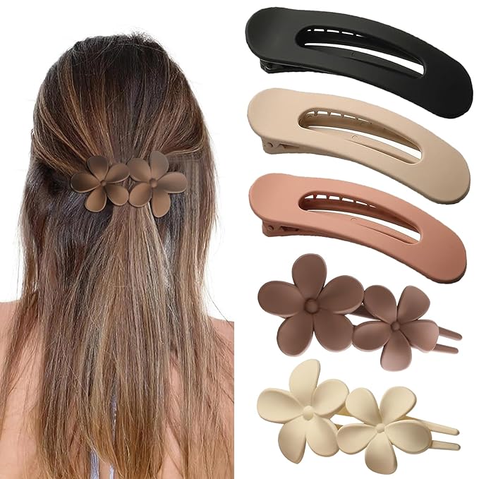 5 PCS Flat Hair Clips, Medium Lay Flat Claw Clips for Women Girls, 2 Styles Stylish Matte Non-slip Hair Claws for Thick Thin Hair(Brown&White)