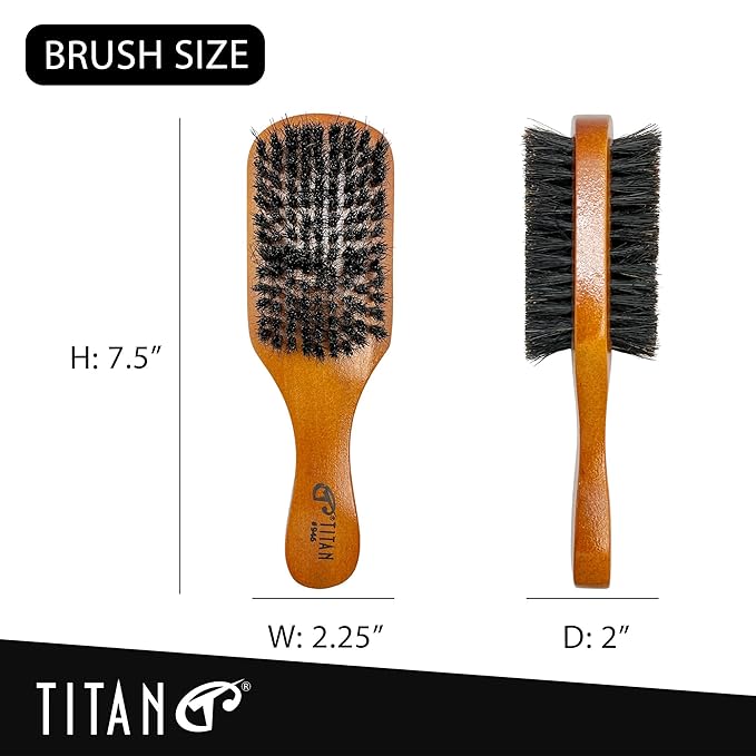 TITAN Double Sided Boar Bristle Brush, 100% Natural Firm and Soft Bristles with Wooden Handle, 2-in-1 Hair Brush for Waves, Fades, and Slick Back Styling, Durable Wood Design for Men and Women
