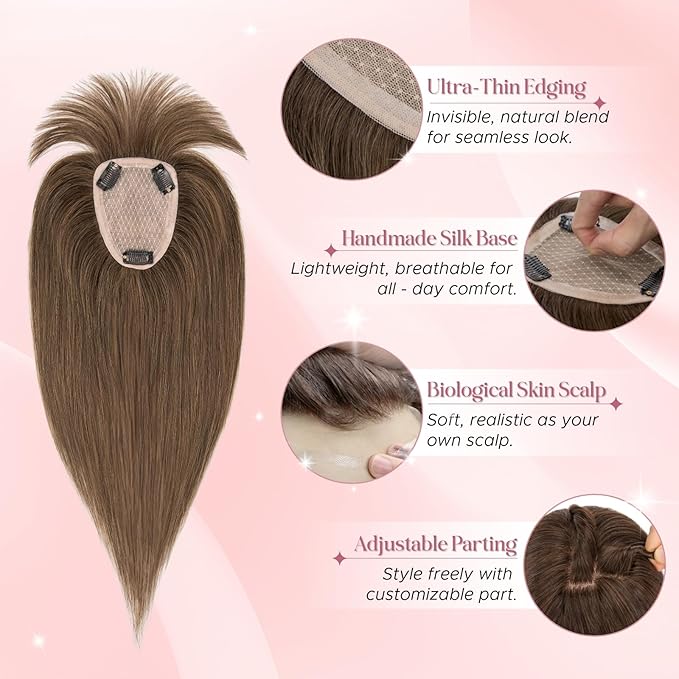 Real Human Hair Toppers for Women 3.54"*4.72" Silky Base 150% Density With Bangs Adjustable Parting Clip-In Topper Hairpieces for Women with Thinning Hair 12 Inches Natural Brown