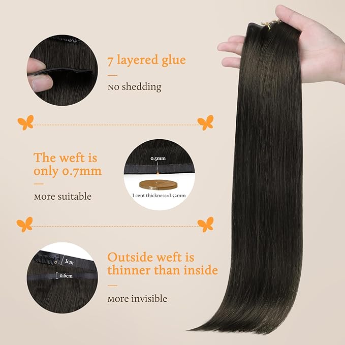 DOORES Seamless Clip-in Human Hair Extensions, Mocha Brown 20 Inch 7pcs 110g, Straight Hair with Invisi Edge, Skin Weft