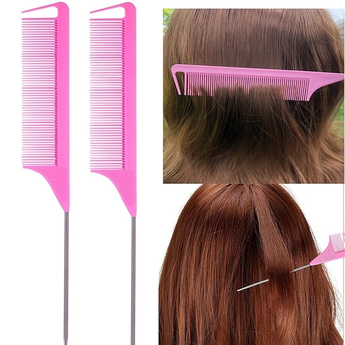 8Pcs Hair Brushes Set with 4Pcs Topsy Hair Tail Tools 1Pcs Bristle Teasing Hair Brush 1Pcs Edge Control Brush 2Pcs Metal Pin Rat Tail Combs for Woman Girl hair Styling,Edge&Back Brushing,Pink