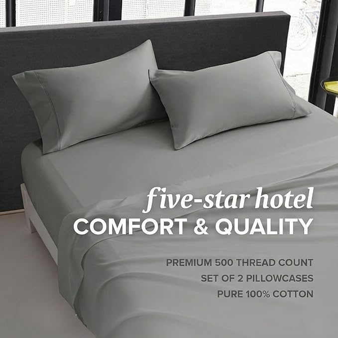 Beckham Hotel Collection 100% Cotton Pillow Cases King Size Set of 2, 500TC, Luxury Sateen Pillowcases, Open End, Breathable, Moisture-Wicking, Dark Gray
