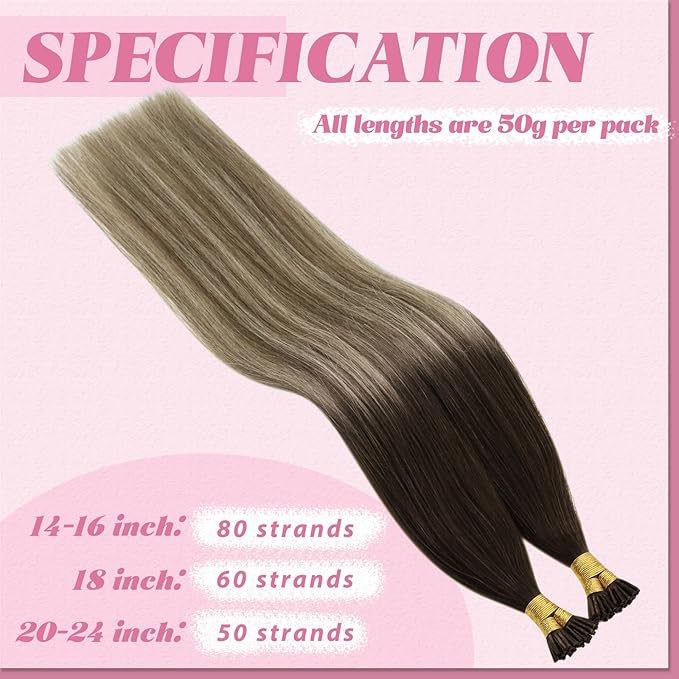 YoungSee I Tip Hair Extensions Balayage Itip Hair Extensions Human Hair Balayage Brown with Blonde I Tips Human Hair Extension 18 Inch Invisible I-Tip Hair Ombre for Adding Hair Volume 50g 60s