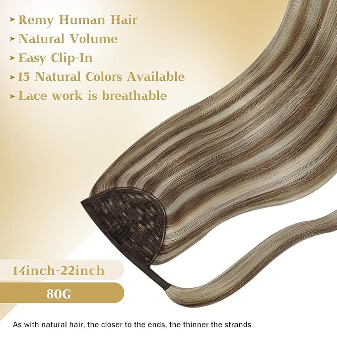 Ve Sunny Hair Extensions Ponytail Real Human Hair Wrap Around Clip in Ponytail Hair Extensions Straight Extensions Human Hair for Women Light Brown Highlights Platinum Blonde 20inch 80G