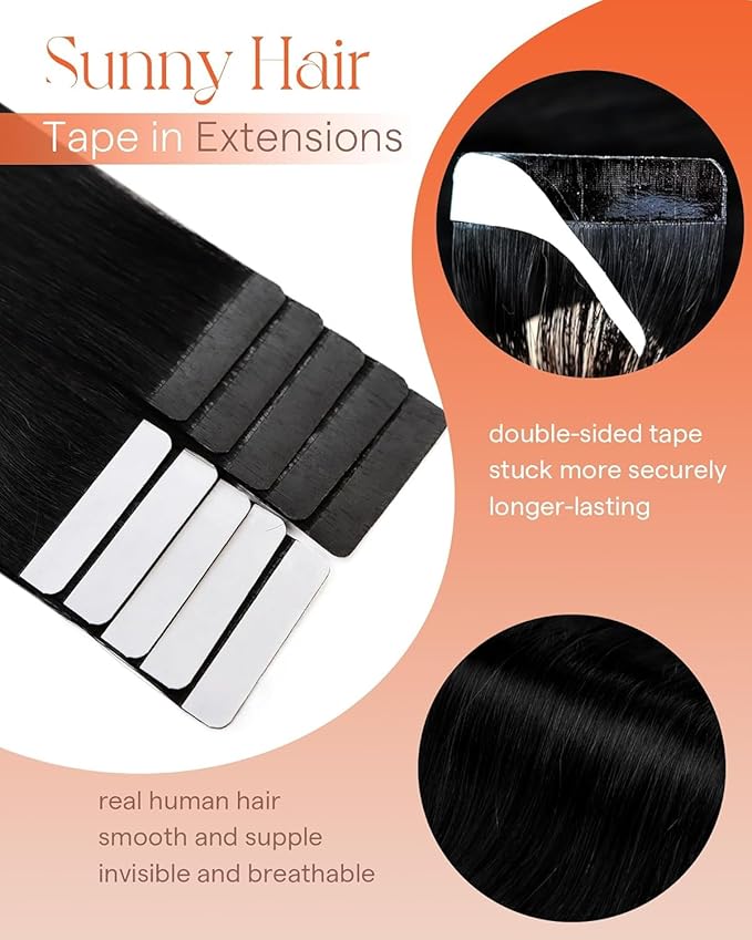 Sunny Hair Tape in Hair Extensions Real Human Hair Invisible Remy Hair Extensions Tape ins for Women Jet Black 14 inch 25G