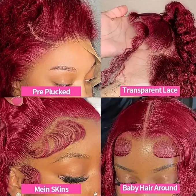32 Inch 99J Burgundy Lace Front Wigs Human Hair Red Burgundy Wig 200% Density 13x6 Deep Wave Lace Front Wigs Human Hair Pre Plucked Glueless Lace Frontal Wigs for Women