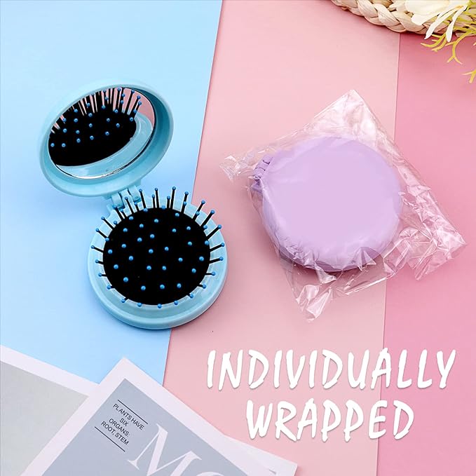 50pcs Folding Travel Mirror Hair Brushes Round Folding Pocket Hair Brush Mini Hair Comb Compact Travel Size Hair Massage Combor Women and Girls (5Colors)