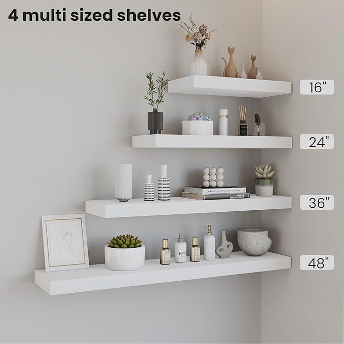 Floating Wood Shelves for Wall 24 Inches x 8”x 1.4” Shelf Floating Home Decor, Heavy Duty Shelf Hold 60 lbs, Wall Shelves for Bathroom Living Room Kitchen Bedroom Office - Set of 2 White