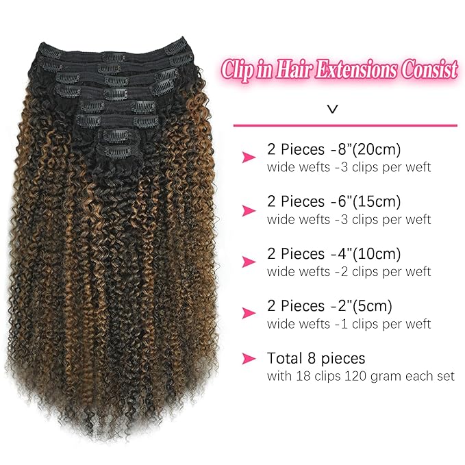 3c 4a Curly Clip in Hair Extensions T1BP1B/30 Omber Kinky Curly Clip ins For Women Brazilian Virgin Clip on Hair (26inch,T1BP1B/30)