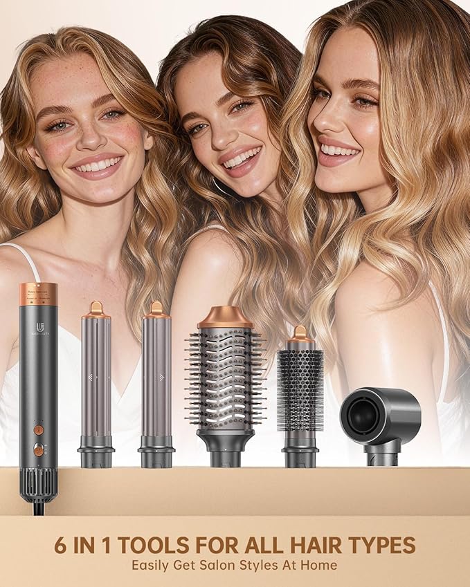 Hot Air Brush Hair Styler, 6 in 1 Hair Dryer Brush Auto Wrap Curlers Frizz-Free Styling Tool for All Hair Types Fast Drying, Curling, Smoothing, Volumizing & Straightening with Travel Storage Case
