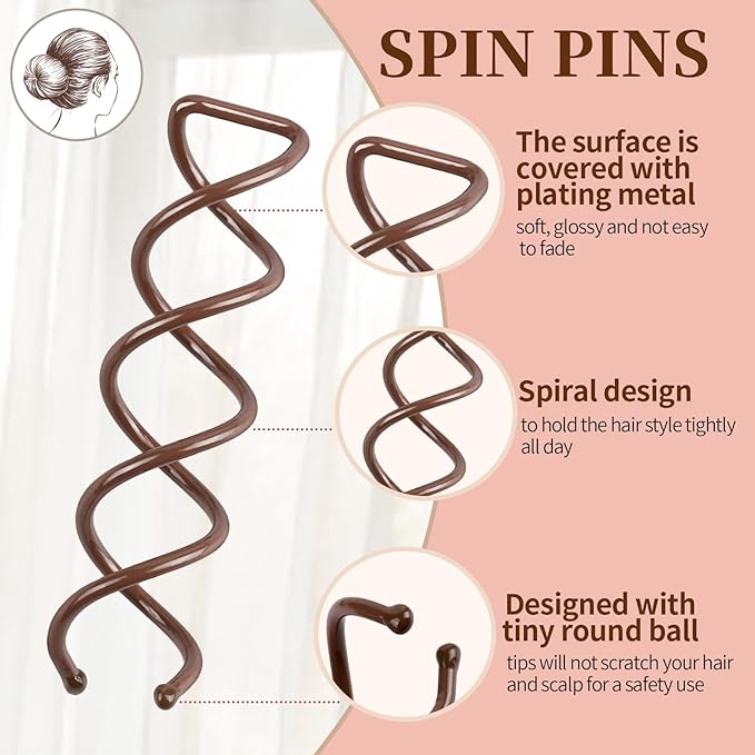 FANDAMEI 50PC Spiral Hair Pins Set, Spin Pins Spiral Bobby Pins for Girls, Women and Kids, Non-Scratch Round Clip & Bun Twist, Stylish Bun Bobby Pins, Premium Spin Pins for Hair, Brown