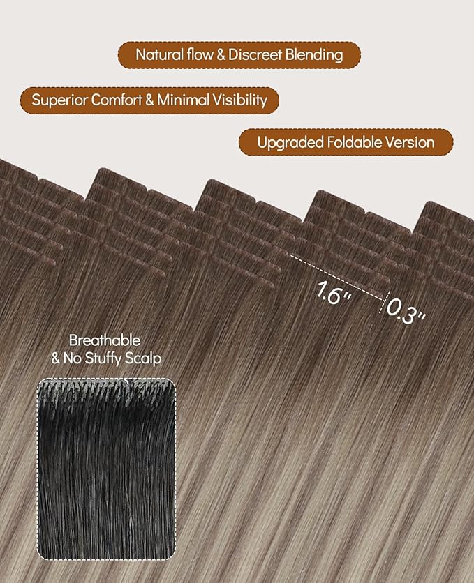VINBAO Invisi Edge Tape in Extensions Real Human Hair 60g 20pcs Balayage Ash Brown and Blonde Mixed with Ash Blonde Seamless Injection Tape in Hair Extensions 22inch #8/60/18