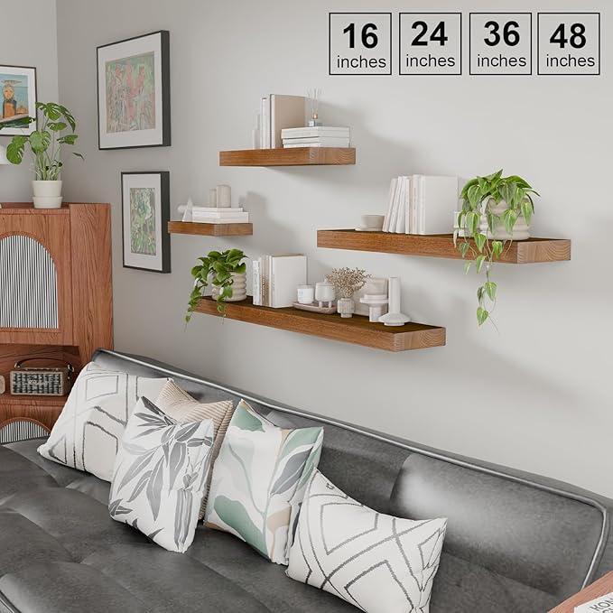 IAE Walnut Floating Wall Shelves 16 inch, Bathroom Shelves Wall Mounted,Invisible Shelf Floating Kitchen Shelves,Wooden Wall Shelving with Brackets for Living Room Wall Mounted,Easy Install,Set of 2