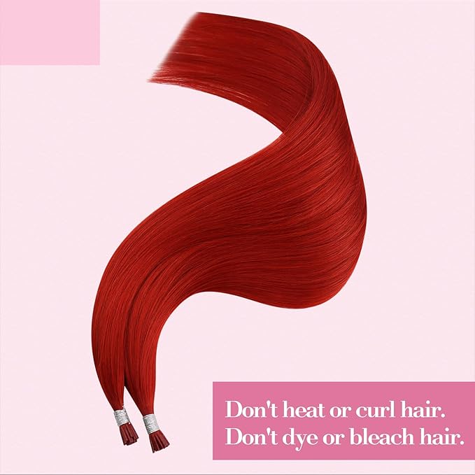 YoungSee Red I Tip Hair Extensions 18 Inch I Tips Hair Extensions Real Human Hair Colored Itip Extension Red 30s 25g Color Hair-Extension for Women Girls Cosplay