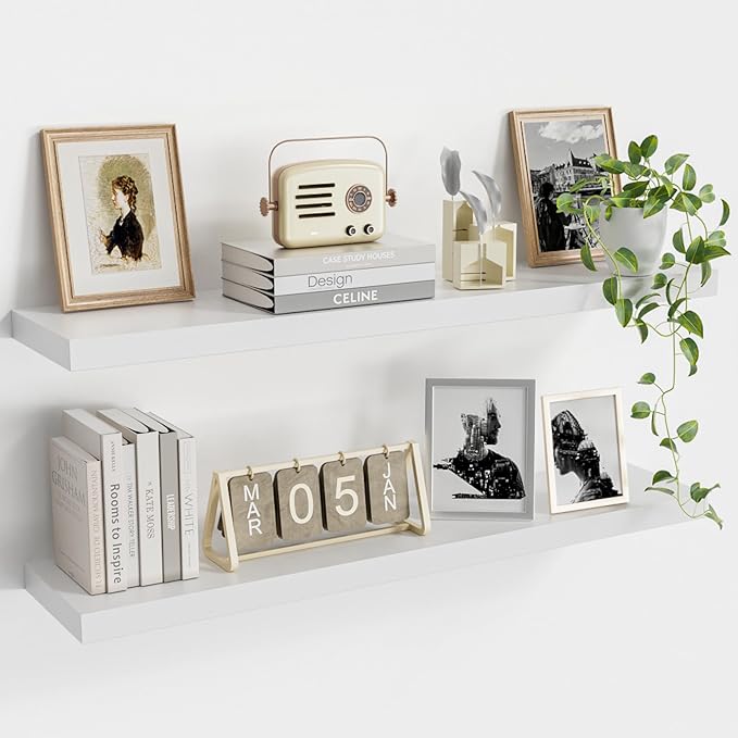 Floating Wood Shelves for Wall 36 Inches x 8”x 1.4” Shelf Floating Home Decor, Heavy Duty Shelf Hold 80 lbs, Wall Shelves for Bathroom Living Room Kitchen Bedroom Office - Set of 2 White