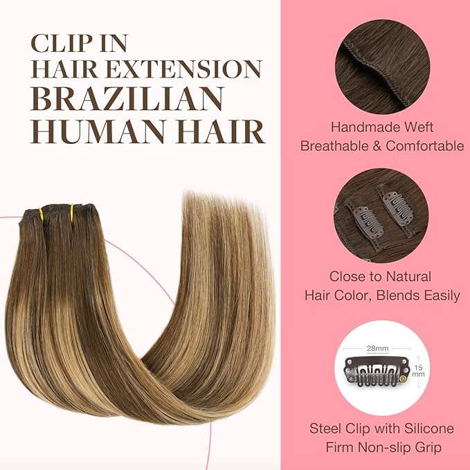 GOO GOO Clip in Hair Extensions Real Human Hair, Remy Human Hair Extensions Clip ins for Women, Natural Human Hair, 16inch 70g 2Pcs, #4/27/4 Balayage Chocolate Brown to Caramel Blonde