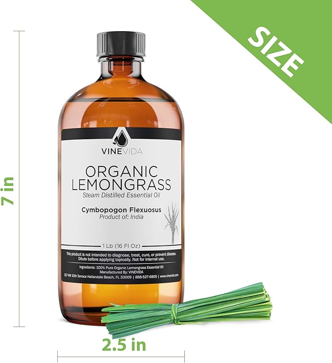VINEVIDA Organic Lemongrass Essential Oil - 16 oz - Undiluted - DIY Candle Scents - Bulk for Soap Making