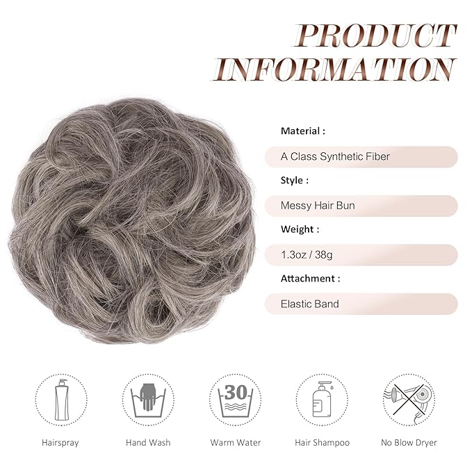 FESHFEN Messy Bun Hair Piece - Elastic Wavy Curly Hair Bun Scrunchies Extensions Synthetic Chignon Hairpieces for Women Girls, Salt and Pepper 1.5 oz
