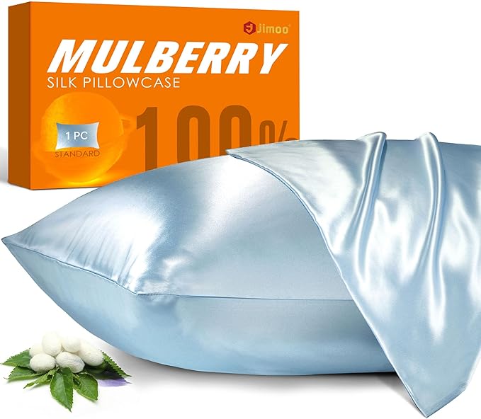 100% Mulberry Silk Pillowcase for Hair and Skin, 22 Momme Pure Natural Silk Pillow Case Both Sided with Zipper, Pillow Cover for Women Mom Men (Light Blue, Standard 20''×26'', 1 Pack)