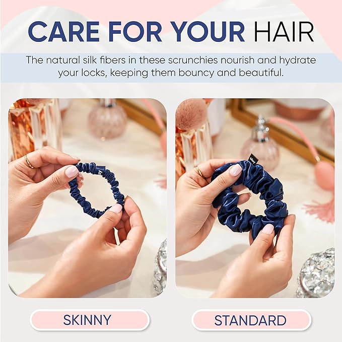 Blissy Silk Scrunchies (3 Pack) - 100% Pure Mulberry Silk - 22 Momme 6A High-Grade Fibers Scrunchie for Straight & Curly Hair - Preventing Breakage, Tangling, & Creasing (Blue Regular)