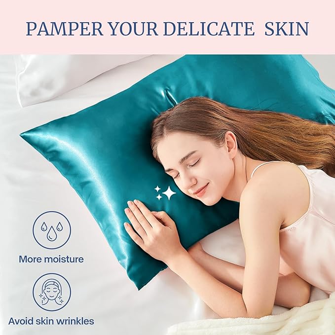 BEDELITE Satin Pillowcase for Hair and Skin, Super Soft and Cooling Similar to Silk Pillow Cases 2 Pack with Envelope Closure, Gift for Women Men(20"x30" Queen Size, Teal)