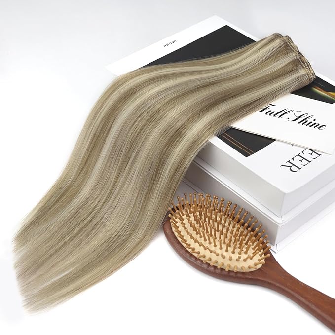 Full Shine Clip in Hair Extensions Real Human Hair 20 Inch Ash Blonde hair extensions Ash Brown With Blonde Remy Hair Extensions Highlights Human Hair Straight Long Remy Hair 3Pcs 60G
