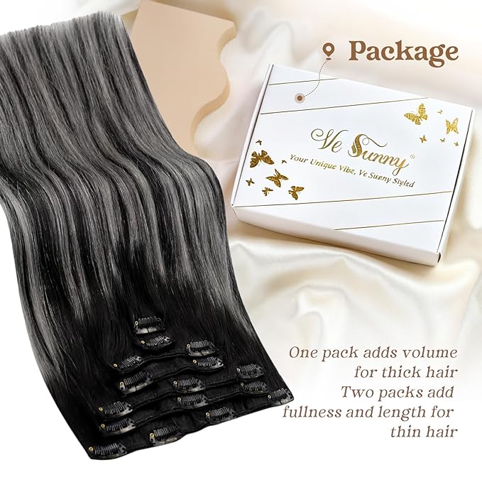 Ve Sunny Clip in Hair Extensions Real Human Hair Black Real Hair Extensions Clip ins Human Hair Grey Silver Clip in Extensions Real Human Hair Comfortable 7pcs 120g 22inch