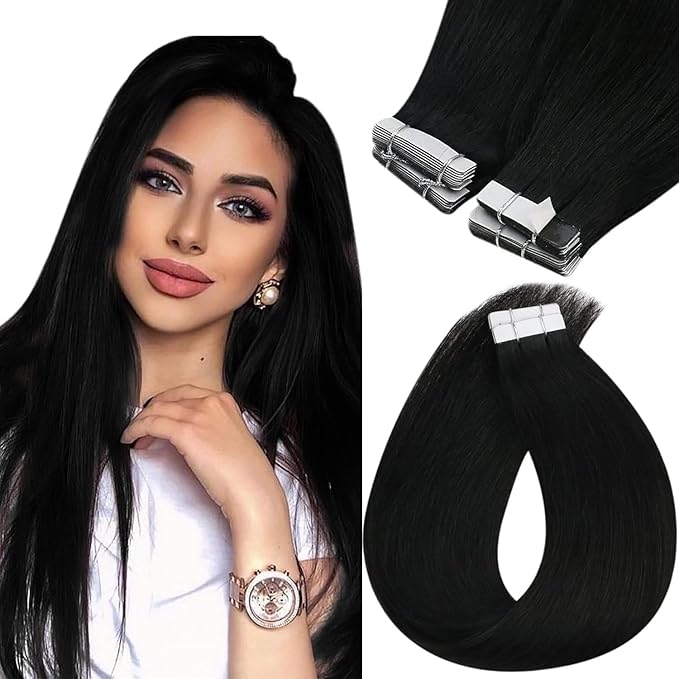 Sunny Hair Tape in Hair Extensions Human Hair 22inch Hair Extensions Real Human Hair Tape in Extensions for Women Jet Black Invisible Remy Hair Natural Straight Skin Weft Double Sided Tape 40pcs 100g