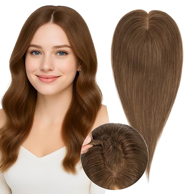 Real Human Hair Toppers for Women 3.54"*4.72" Silky Base 150% Density No Bangs Adjustable Parting Clip-In Topper Hairpieces for Women with Thinning Hair 16 Inches Medium Brown